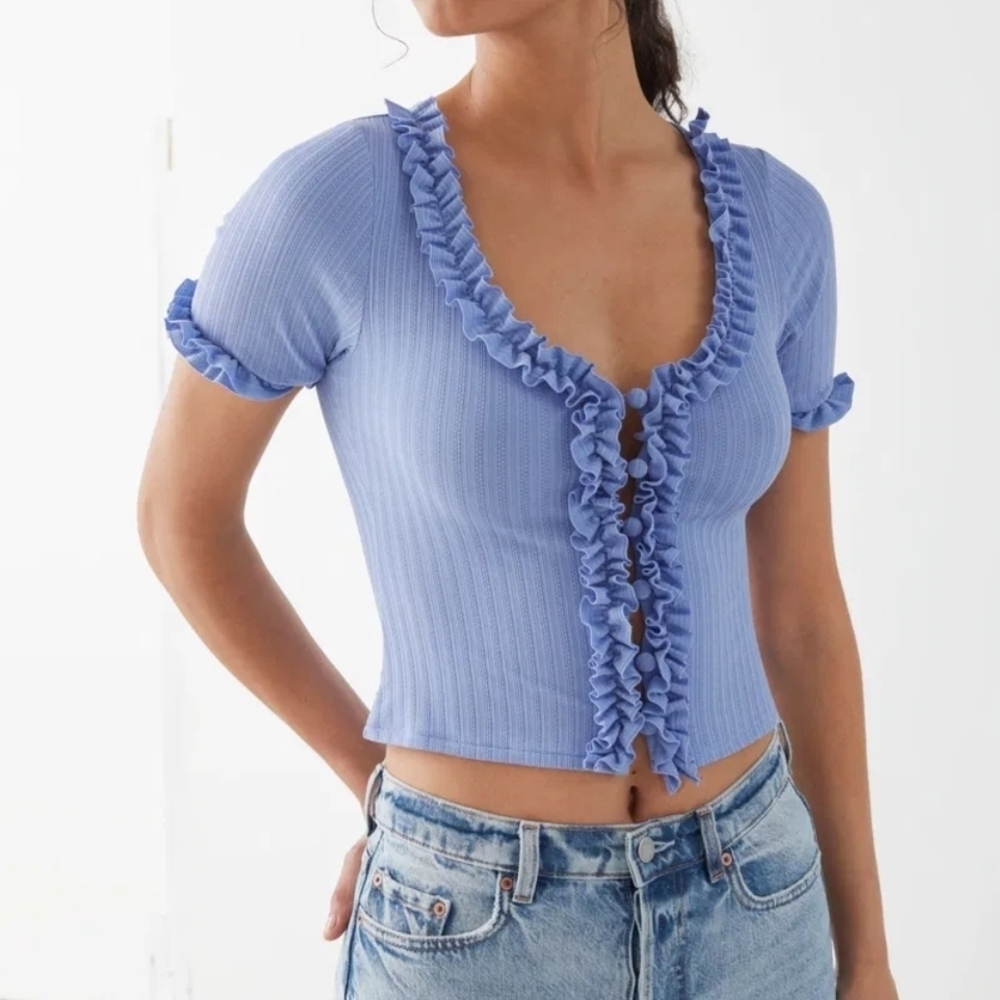 & OTHER STORIES Cropped Ruffle Cardigan Knit Womens Size Small Baby Blue
